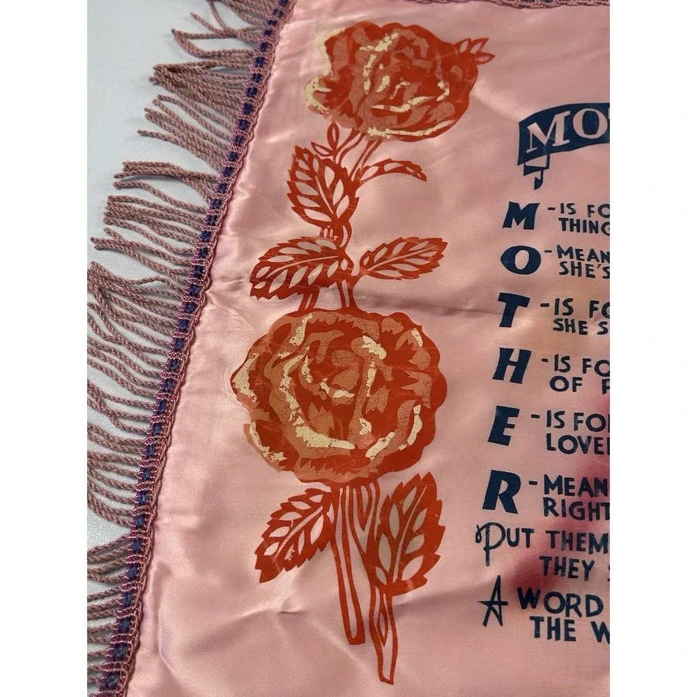 Vintage Satin Mother Poem Pillowcase Pink Floral Fringe Sentimental Decor